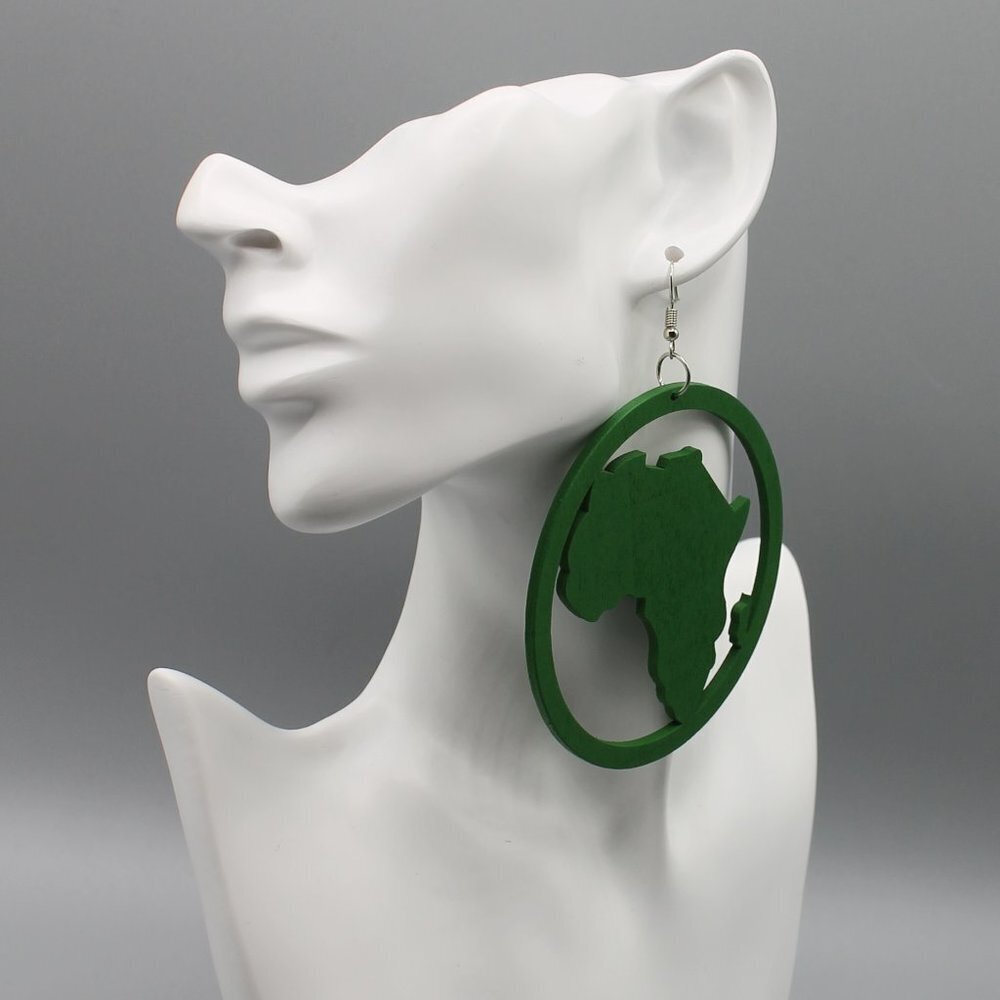 Jewelry earrings statement large round drop dangle Africa green wood brand new - Picture 5 of 9